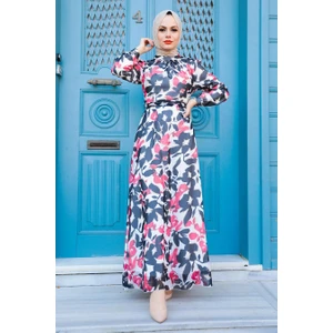 Neva Style - Desenli Kırmızı Tesettür Elbise 2925K
