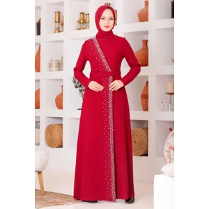 Neva Style Tesettürlü Abiye Elbise - Boncuk Işlemeli Bordo Tesettür Abiye Elbise 32150BR