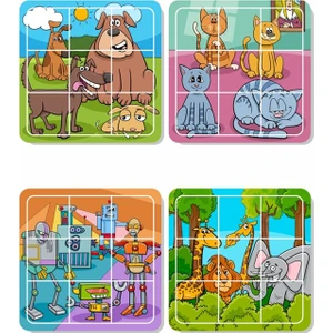 Kedi, Köpek, Sevimli Hayvanlar ve Robotlar 9 Parça 4'lü Yapboz Ilk Puzzle, Kolay Puzzle