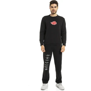 Vıshenka Erkek Anime Bulut Baskılı 2 Iplik Alt Üst Siyah Renk Kanguru Cepli Eşofman Takımı