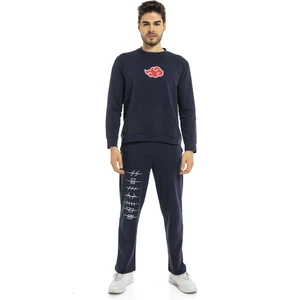 Vıshenka Erkek Anime Bulut Baskılı 2 Iplik Alt Üst Lacivert Renk Kanguru Cepli Eşofman Takımı