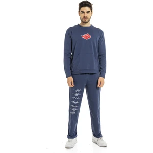 Vıshenka Erkek Anime Bulut Baskılı 2 Iplik Alt Üst Indigo Renk Kanguru Cepli Eşofman Takımı