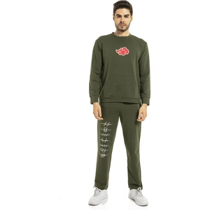 Vıshenka Erkek Anime Bulut Baskılı 2 Iplik Alt Üst Haki Renk Kanguru Cepli Eşofman Takımı