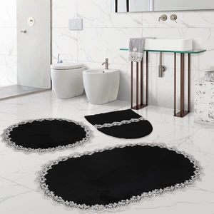Bonny Home Venüs Siyah 3'lü Dantelli Banyo Paspası Seti Çeyizlik Klozet Takımı
