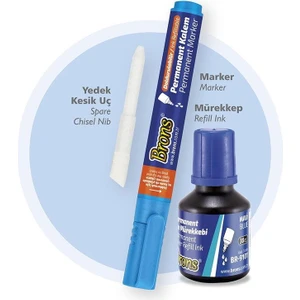 Permanent Marker Seti Kesik Uç Mavi (Kalem + Mürekkep + Yedek Uç)