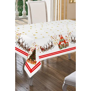 Merry Christmas Geyikler Ve Karlı Ev Desenli Masa Örtüsü 160x220