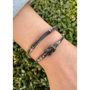 Gemici Düğümü Oksitli Gümüş Kazaziye Ikili Kombin El Örgüsü Bileklik Seti
