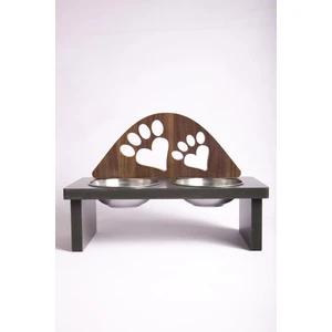 Mini Hediye Kalpli Pati Tasarımlı Ahşap Kedi Köpek Mama Su Kabı Standı Kahverengi