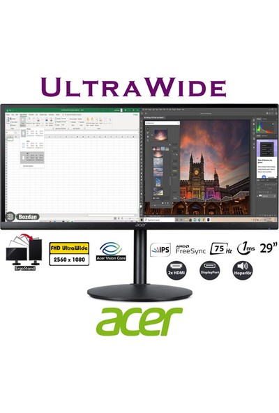 Acer CB292CU 29" 75Hz 1ms (HDMI+Display) Freesync FHD LED IPS Monitör UM.RB2EE.005