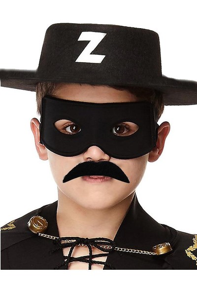 Samur Siyah Renk Zorro Şapkası Zorro Maskesi ve Zorro Bıyık Çocuk Boy