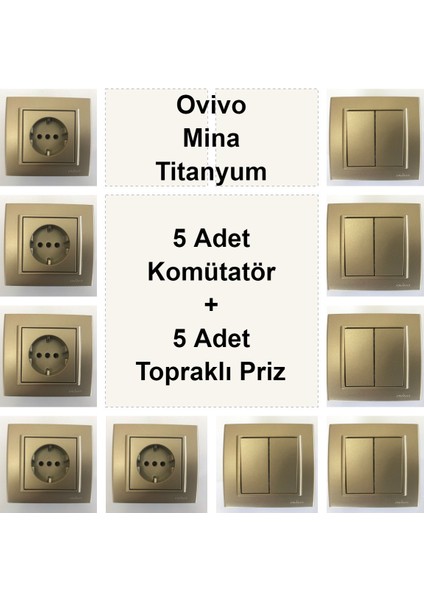 Ovivo Mina Titanyum 5 Adet Komütatör + 5 Adet Topraklı Priz