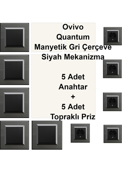 Ovivo Quantum Manyetik Gri Çerçeve Siyah Mekanizma 5 Adet Anahtar + 5 Adet Topraklı Priz