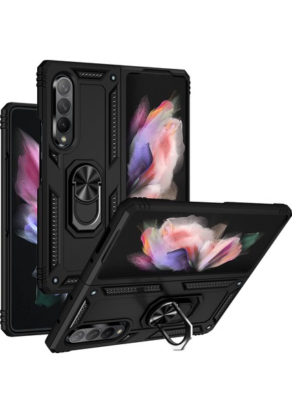 Samsung Galaxy Z Fold 3 5g Için Çift Katmanlı Ağır Askeri Sınıf Darbeye Halkalı Standlı Kılıf Siyah (Yurt Dışından)