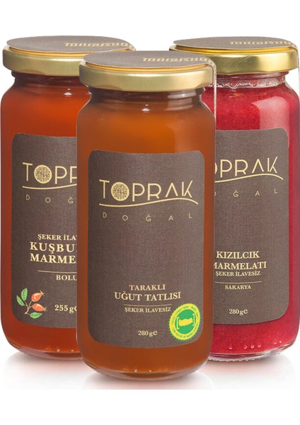 Toprak Doğal Kızılcık Marmelatı 280 gr + Kuşburnu Marmelatı 255 gr + Uğut Tatlısı 280 gr Marmelat Seti