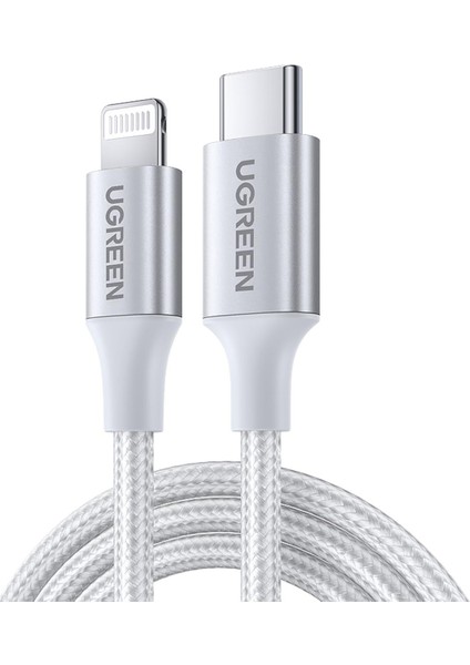 Lightning to USB-C 3A PD MFi Sertifikalı Örgülü Hızlı Şarj Kablosu, 2 Metre, Gümüş - 70525