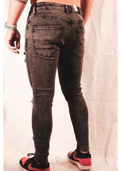 Açık Kahverengi Yırtık ve Fermuarlı Dar Paça Detaylı Slim Fit Jeans