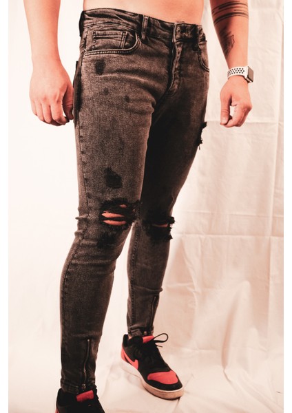 Açık Kahverengi Yırtık ve Fermuarlı Dar Paça Detaylı Slim Fit Jeans fiyatları