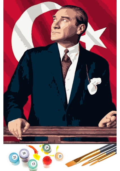 Atatürk ve Bayrak Tuval Şasesine Gerili Sayılarla Boyama Seti 40 x 50 cm