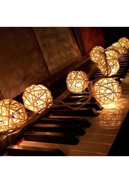 Şerit LED Işıklı Rattan Hasır Top 2 Metre 10’lu (Krem)