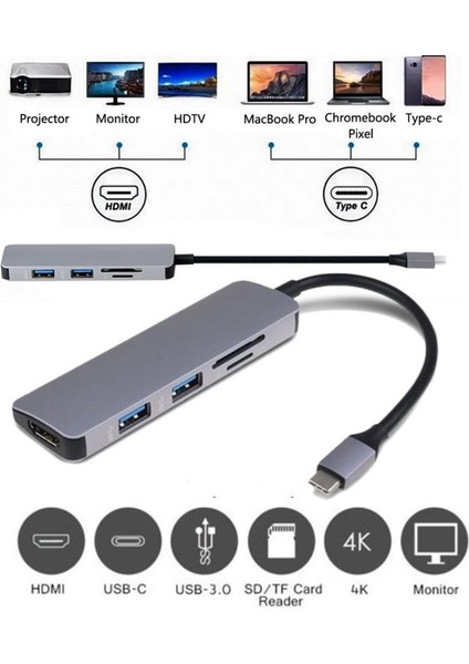 Type-C To 4K HDMI 2*usb 3.0 Sd Tf Kart Okuyucu 5ın1 Çevirici Adaptör