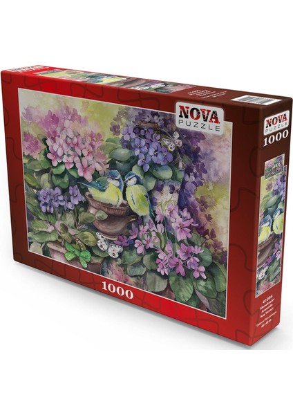 1000 Parça Puzzle - Menekşeler Arasında Kuş Yuvası (Suluboya)