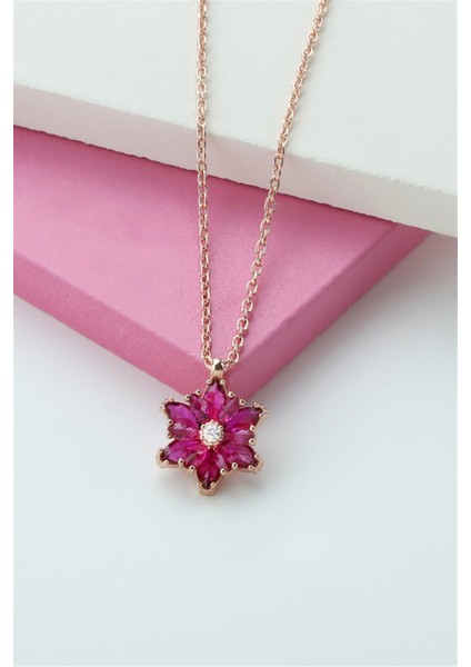 Gümüş Pembe Taşlı Lotus Çiçeği Kolye