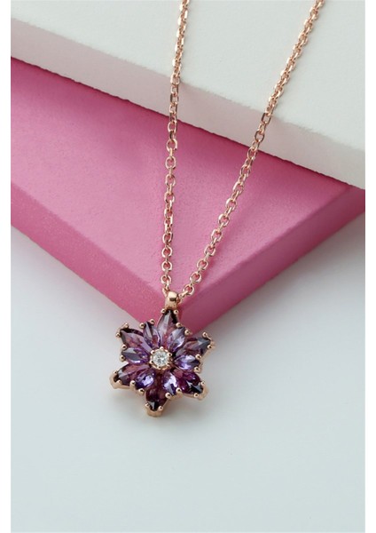 Gümüş Mor Taşlı Lotuş Çiçeği Kolye