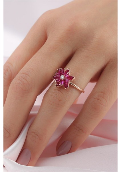 Gümüş Pembe Taşlı Lotus Çiçeği Yüzük
