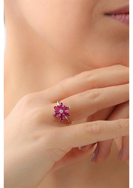 Gümüş Pembe Taşlı Lotus Çiçeği Yüzük modelleri
