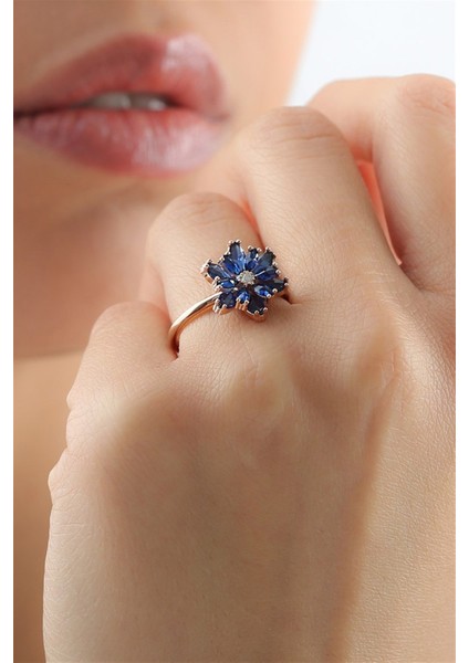 Gümüş Lacivert Taşlı Lotus Çiçeği Yüzük fiyatları