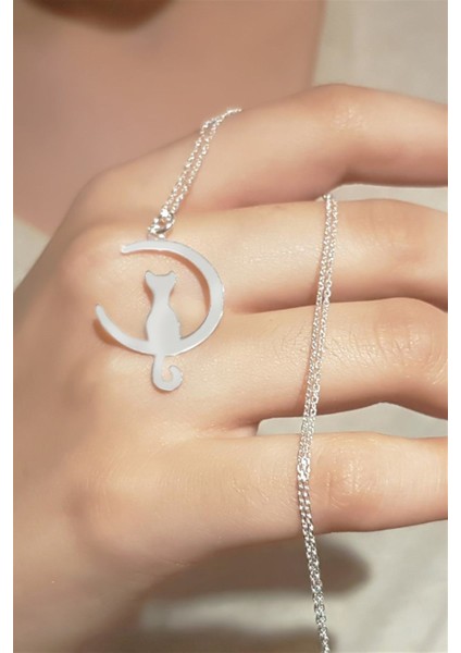 Gümüş Kedili Ay Kolye