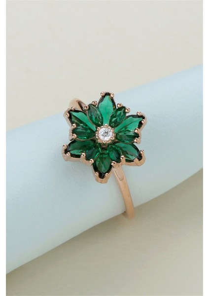 Gümüş Yeşil Taşlı Lotus Çiçeği Yüzük