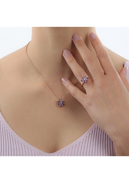 Gümüş Mor Taşlı Lotus Çiçeği Kolye Yüzük Mini Set