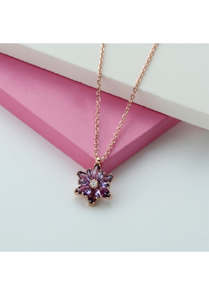 Gümüş Mor Taşlı Lotus Çiçeği Kolye Yüzük Mini Set modelleri