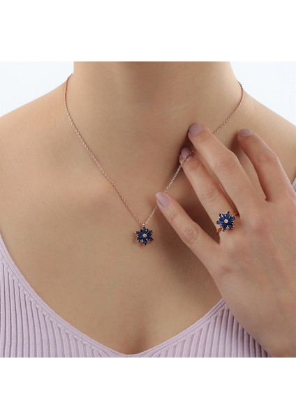Gümüş Lacivert Taşlı Lotus Çiçeği Kolye Yüzük Mini Set