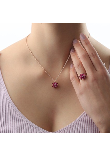 Gümüş Pembe Taşlı Lotus Çiçeği Kolye Yüzük Mini Set