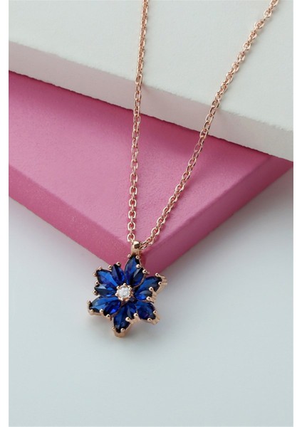 Gümüş Mavi Taşlı Lotus Çiçeği Kolye