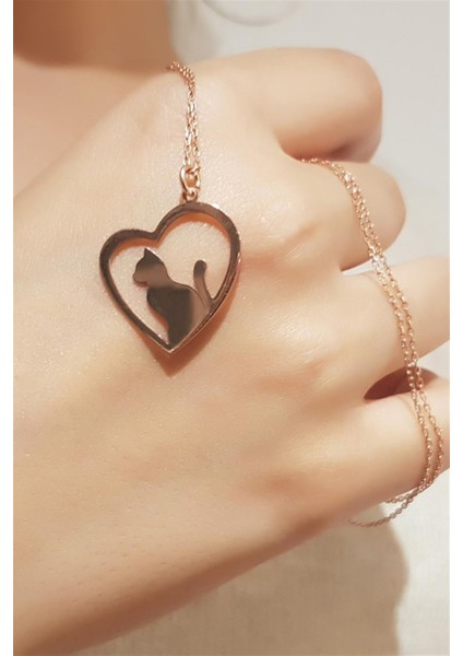 Gümüş Kalpli Kedi Kolye