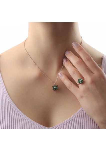 Gümüş Yeşil Taşlı Lotus Çiçeği Kolye Yüzük Mini Set