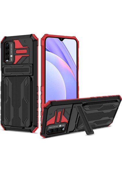 Xiaomi Redmi 9t / Redmi 9 Power Için Kart Yuvası Tutucu Standlı Hibrit Askeri Sınıf Koruma Kılıfı Kırmızı (Yurt Dışından)