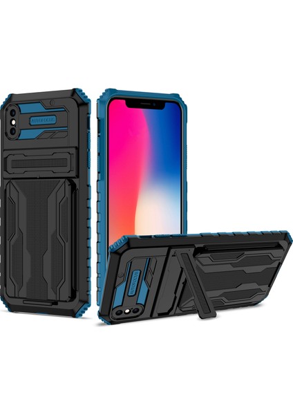 Apple iPhone Xs Max Için Kart Yuvası Tutucu Standlı Hibrit Askeri Sınıf Koruma Kılıfı Mavi (Yurt Dışından)