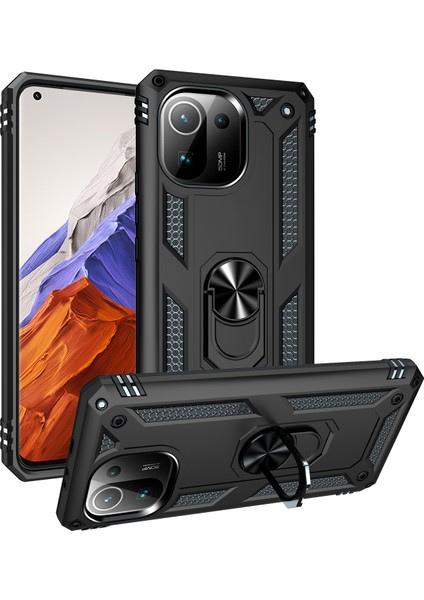 Xiaomi Mi 11 Pro Için Çift Katmanlı Ağır Askeri Sınıf Darbeye Halkalı Standlı Kılıf Siyah (Yurt Dışından)