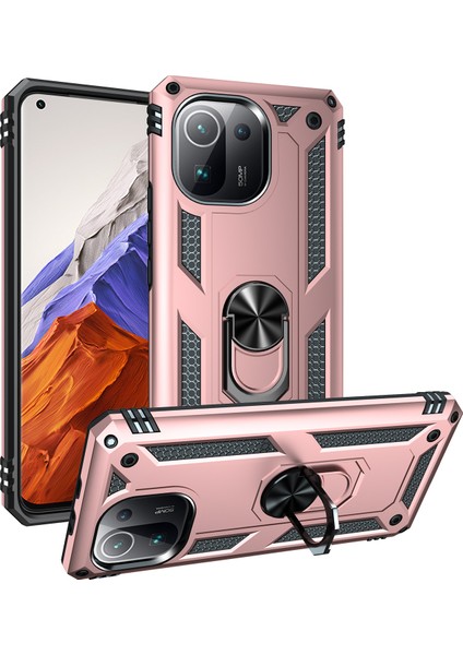 Xiaomi Mi 11 Pro Için Çift Katmanlı Ağır Askeri Sınıf Darbeye Halkalı Standlı Kılıf Rose Gold (Yurt Dışından)