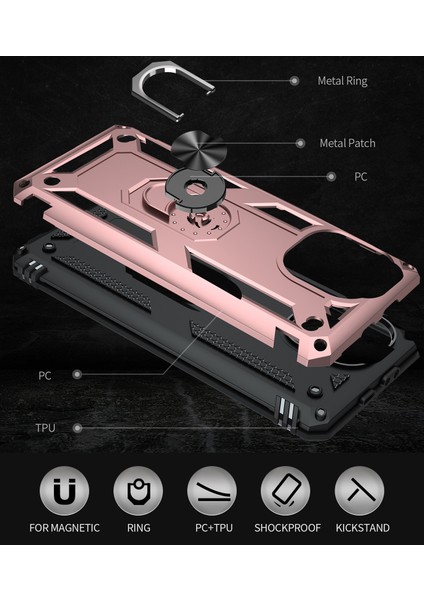Xiaomi Mi 11 Pro Için Çift Katmanlı Ağır Askeri Sınıf Darbeye Halkalı Standlı Kılıf Rose Gold (Yurt Dışından) modelleri