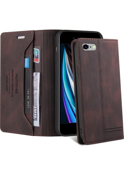 Apple iPhone Se 2020 / 6 / 6s / 7 / 8 Için Premium Vintage Pu Deri Kılıf Mat Cüzdan Çevirme Standı Kapağı Kahverengi (Yurt Dışından)