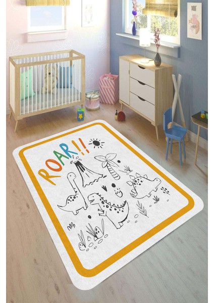 Dijital Baskılı Kaymaz Taban Yıkanabilir Hayvan Doğa Desenli Krem Çocuk Odası HALISI-D9034
