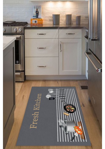 Dijital Baskılı Kaymaz Taban Yıkanabilir Fresh Kitchen Yazılı Gri Mutfak Halı YOLLUK-D5013