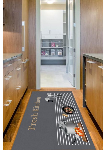 Dijital Baskılı Kaymaz Taban Yıkanabilir Fresh Kitchen Yazılı Gri Mutfak Halı YOLLUK-D5013
