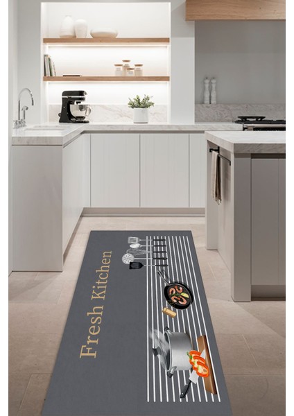 Dijital Baskılı Kaymaz Taban Yıkanabilir Fresh Kitchen Yazılı Gri Mutfak Halı YOLLUK-D5013