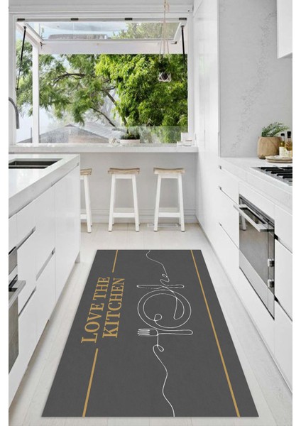 Dijital Baskılı Kaymaz Taban Yıkanabilir Gold Kitchen Yazılı Antrasit Mutfak Halı YOLLUK-D5014